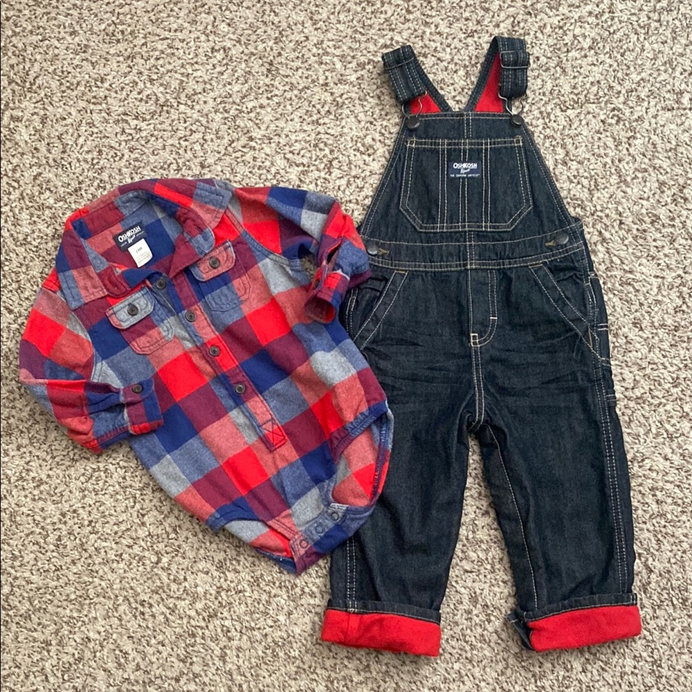 NWOT Oshkosh Denim Overalls & Plaid Bodysuit Set